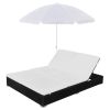 Patio Lounge Bed with Umbrella Poly Rattan Black