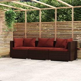 3-Seater Sofa with Cushions Brown Poly Rattan (Color: Brown)